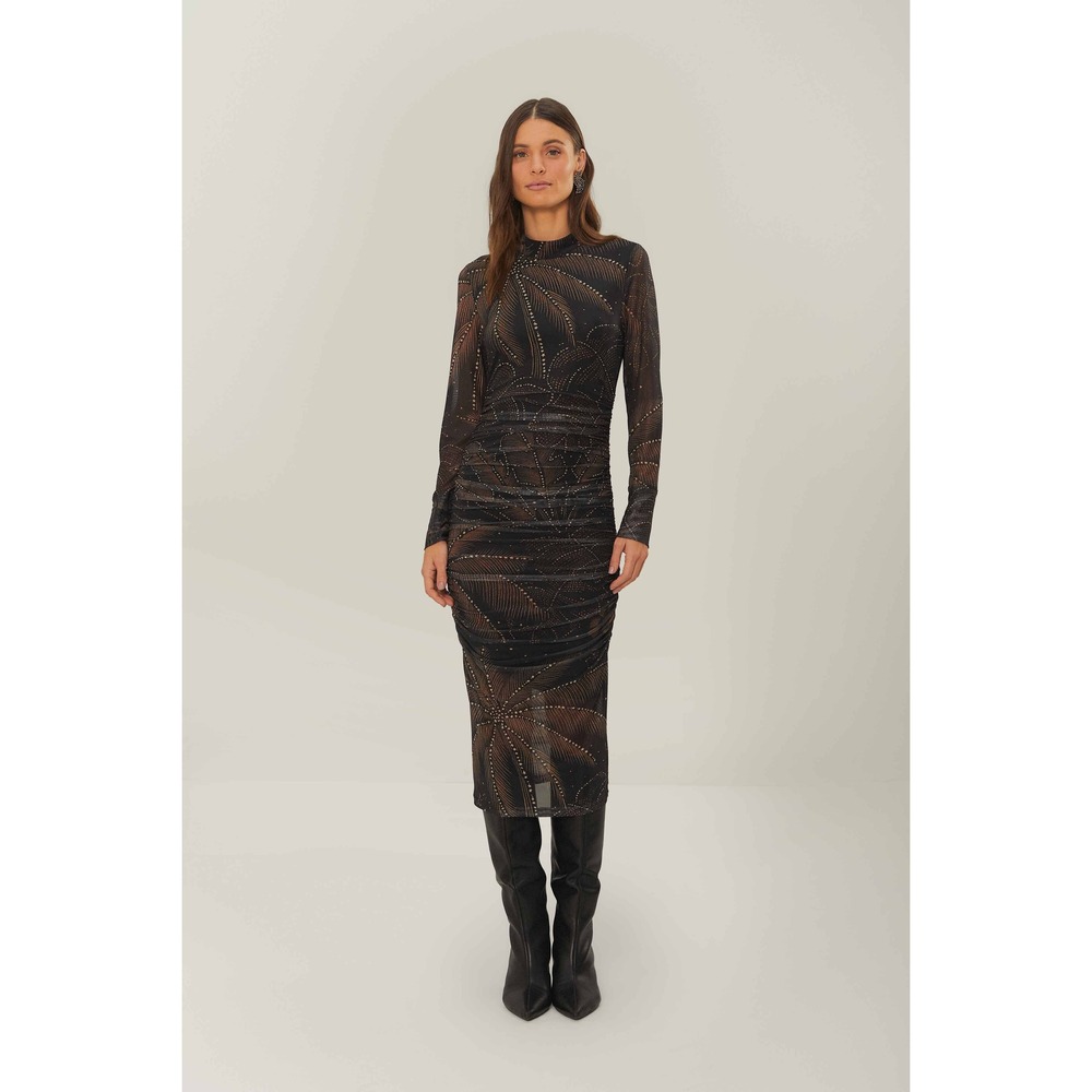 Black Golden Foliage Tulle Midi Dress